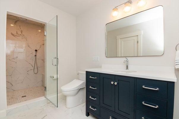 Bathroom, Dual Sink Vanities, Glass Shower, Interior, Marble, Marble Walls