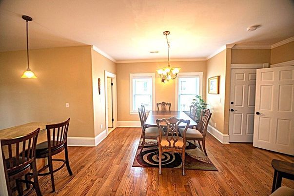 Chandelier, Dining room, Interior, Pendant Lights, Wood Texture Flooring