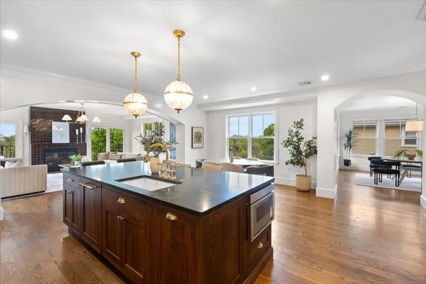 Dining room, Fireplace, Interior, Kitchen, Living room, Pendant Lights, Recessed Lighting, Wood Texture Flooring