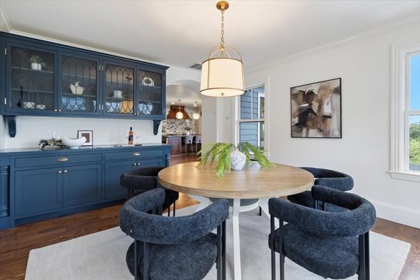 Dining room, Interior, Pendant Lights, Wood Texture Flooring