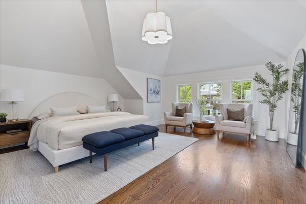 Bedroom, Interior, Pendant Lights, Wood Texture Flooring