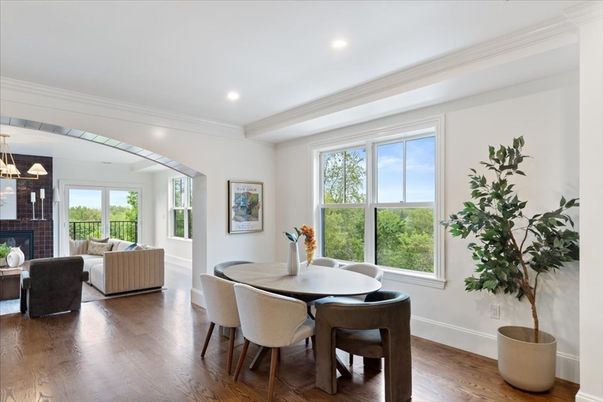 Dining room, Fireplace, Interior, Living room, Pendant Lights, Recessed Lighting, Wood Texture Flooring