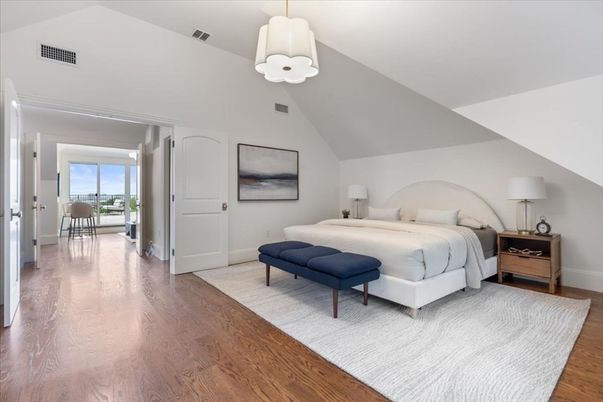 Bedroom, Interior, Pendant Lights, Wood Texture Flooring