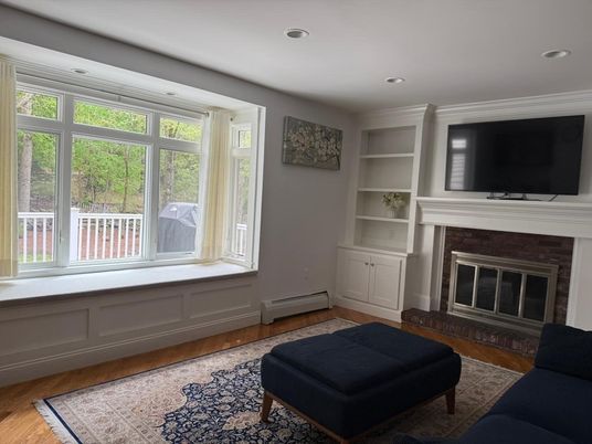Fireplace, Interior, Recessed Lighting, Wood Texture Flooring
