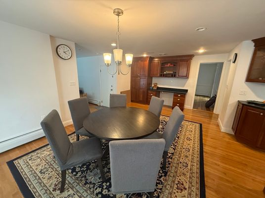 Dining room, Interior, Kitchen, Pendant Lights, Recessed Lighting, Wood Texture Flooring