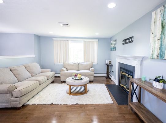 Fireplace, Interior, Living room, Recessed Lighting, Wood Texture Flooring