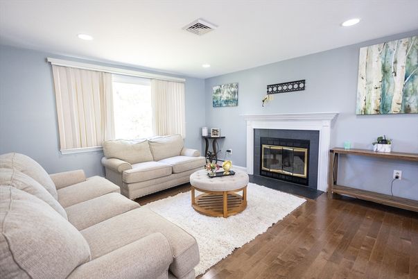 Fireplace, Interior, Living room, Recessed Lighting, Wood Texture Flooring
