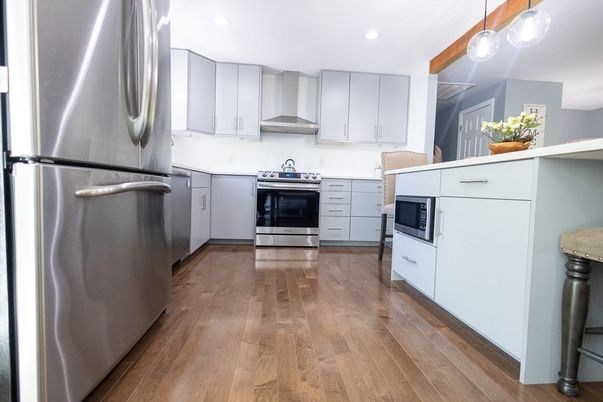 Interior, Kitchen, Pendant Lights, Recessed Lighting, Stainless Steel Appliances, Wood Texture Flooring