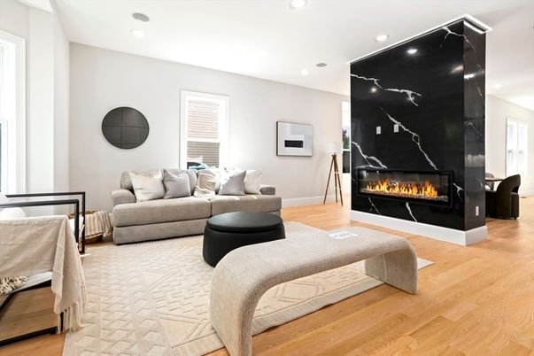 Fireplace, Interior, Living room, Recessed Lighting, Wood Texture Flooring