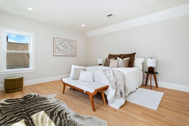 Bedroom, Interior, Recessed Lighting, Wood Texture Flooring