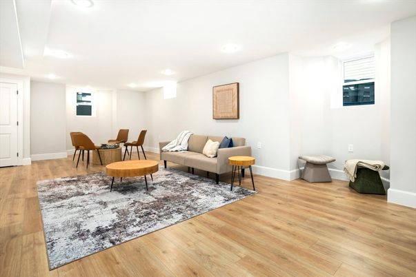 Dining room, Interior, Living room, Recessed Lighting, Wood Texture Flooring
