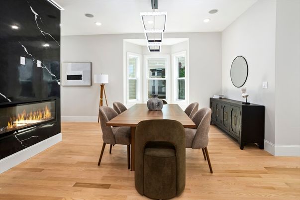 Dining room, Fireplace, Interior, Pendant Lights, Recessed Lighting, Wood Texture Flooring