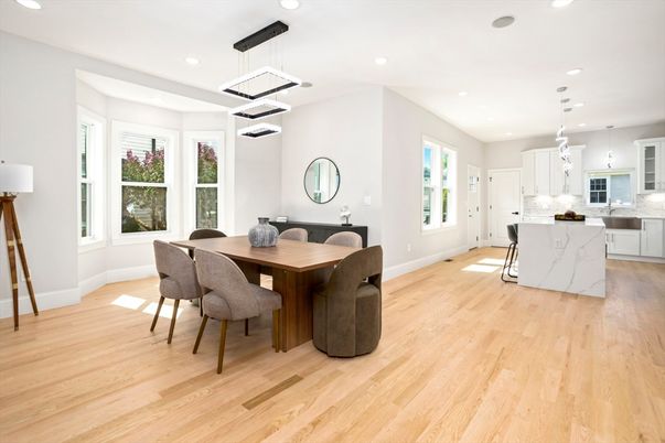 Dining room, Interior, Kitchen, Pendant Lights, Recessed Lighting, Wood Texture Flooring