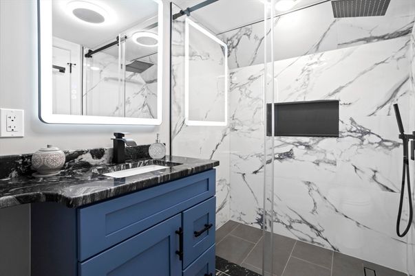 Bathroom, Glass Shower, Interior, Marble Walls