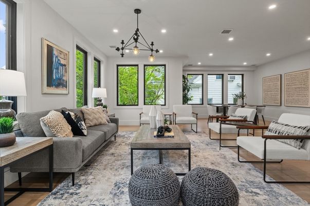 Dining room, Interior, Living room, Pendant Lights, Recessed Lighting, Wood Texture Flooring