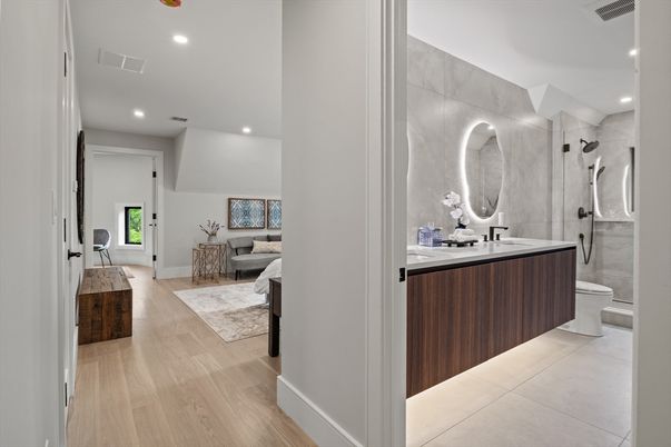 Bathroom, Bedroom, Glass Shower, Interior, Recessed Lighting, Wood Texture Flooring