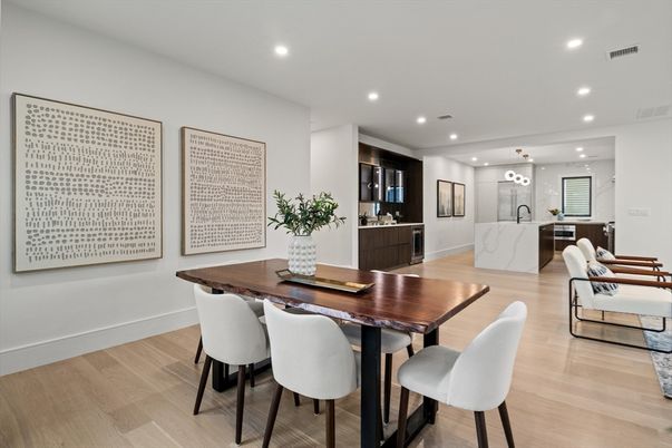 Dining room, Interior, Kitchen, Marble Walls, Pendant Lights, Recessed Lighting, Wood Texture Flooring