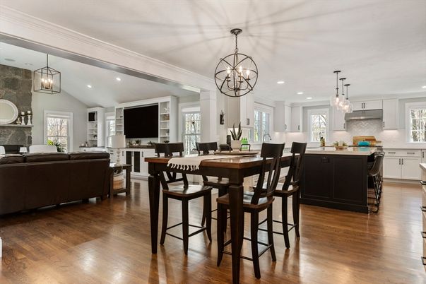 Chandelier, Dining room, Interior, Kitchen, Living room, Pendant Lights, Recessed Lighting, Wood Texture Flooring