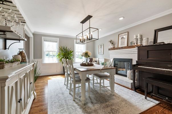 Dining room, Fireplace, Interior, Pendant Lights, Piano, Recessed Lighting, Wood Texture Flooring