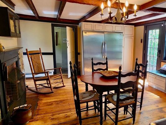 Chandelier, Dining room, Interior, Wooden Beams, Wood Texture Flooring
