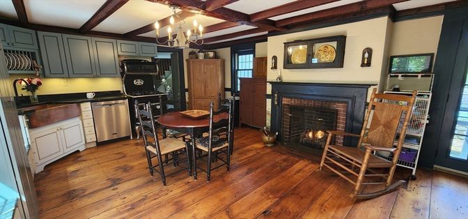 Chandelier, Dining room, Fireplace, Interior, Kitchen, Wooden Beams, Wood Texture Flooring