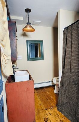 Bathroom, Interior, Pendant Lights, Wood Texture Flooring