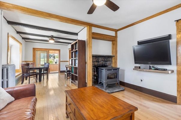 Dining room, Fireplace, Interior, Wood Texture Flooring