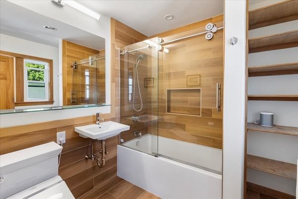 Bathroom, Glass Shower, Interior, Recessed Lighting, Wood Texture Flooring