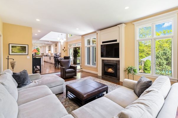 Dining room, Fireplace, Interior, Kitchen, Living room, Pendant Lights, Recessed Lighting, Wood Texture Flooring