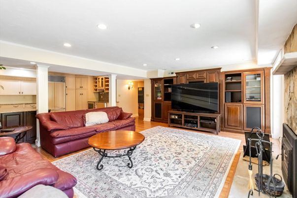 Fireplace, Interior, Living room, Recessed Lighting, Wood Texture Flooring