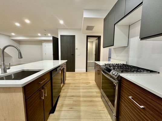 Interior, Kitchen, Recessed Lighting, Stainless Steel Appliances, Wood Texture Flooring