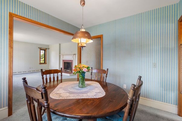 Dining room, Fireplace, Interior, Pendant Lights