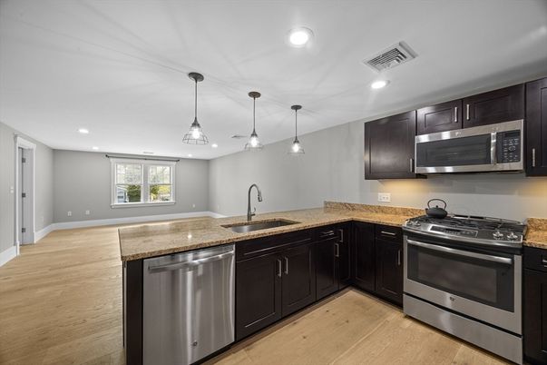 Interior, Kitchen, Pendant Lights, Recessed Lighting, Stainless Steel Appliances, Wood Texture Flooring