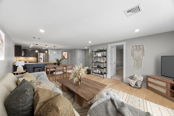 Dining room, Interior, Kitchen, Living room, Pendant Lights, Recessed Lighting, Stainless Steel Appliances, Wood Texture Flooring