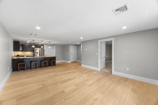 Empty room, Interior, Kitchen, Pendant Lights, Recessed Lighting, Wood Texture Flooring
