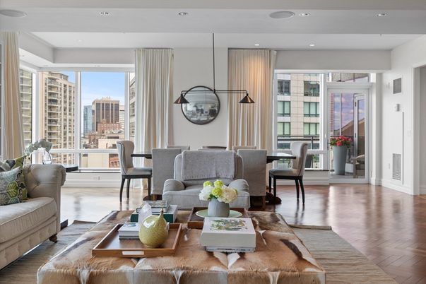 Dining room, Interior, Living room, Pendant Lights, Recessed Lighting, Wood Texture Flooring