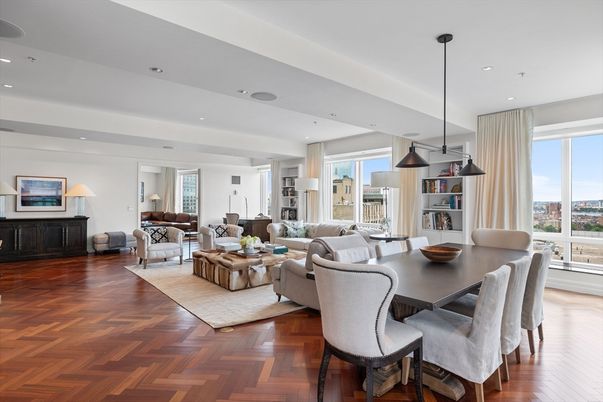 Dining room, Interior, Living room, Pendant Lights, Recessed Lighting, Wood Texture Flooring