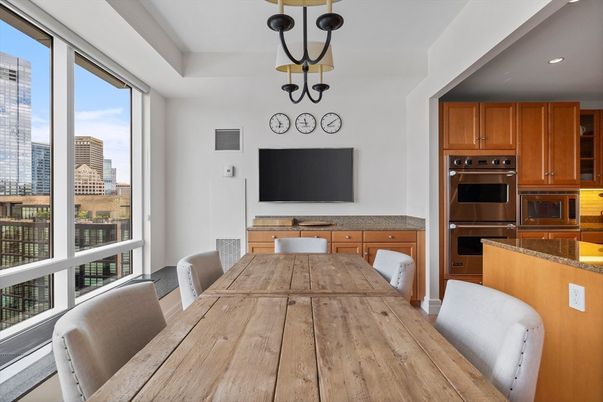 Dining room, Interior, Kitchen, Pendant Lights, Recessed Lighting, Stainless Steel Appliances