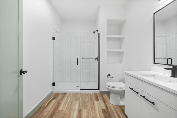 Bathroom, Glass Shower, Interior, Wood Texture Flooring