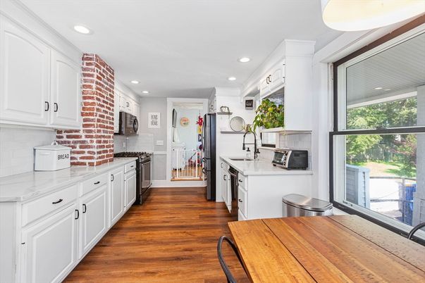 Interior, Kitchen, Recessed Lighting, Stainless Steel Appliances, Wood Texture Flooring