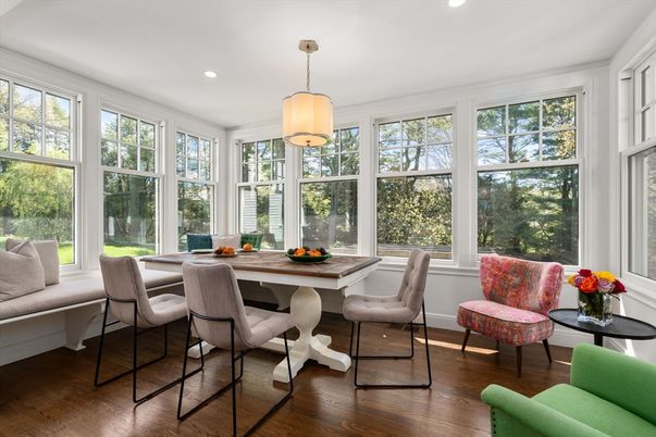 Dining room, Interior, Pendant Lights, Recessed Lighting, Sun Room, Wood Texture Flooring