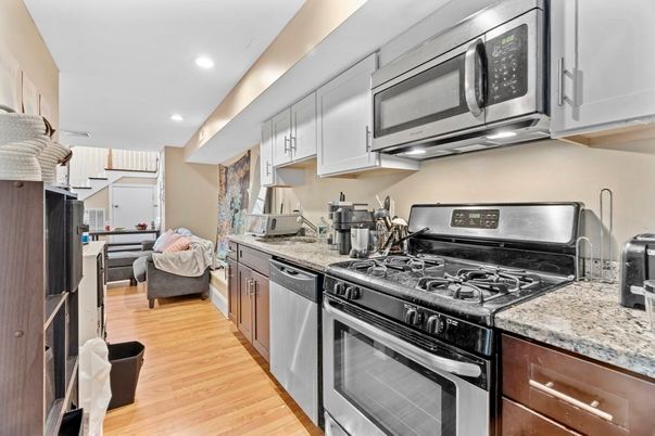Interior, Kitchen, Recessed Lighting, Stainless Steel Appliances, Wood Texture Flooring