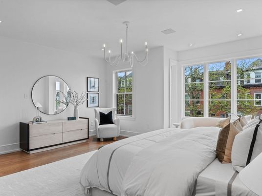 Bedroom, Chandelier, Interior, Recessed Lighting, Wood Texture Flooring