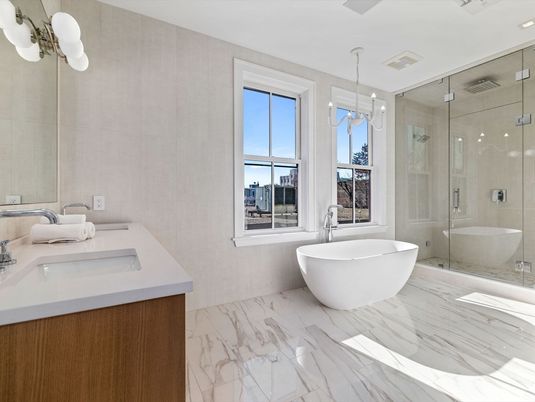 Bathroom, Dual Sink Vanities, Free Standing Baths, Glass Shower, Interior, Marble, Pendant Lights, Recessed Lighting