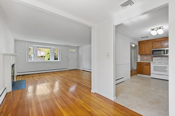 Empty room, Fireplace, Interior, Kitchen, Wood Texture Flooring
