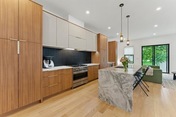 Interior, Kitchen, Pendant Lights, Recessed Lighting, Stainless Steel Appliances, Wood Texture Flooring