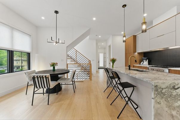 Dining room, Interior, Kitchen, Pendant Lights, Recessed Lighting, Wood Texture Flooring