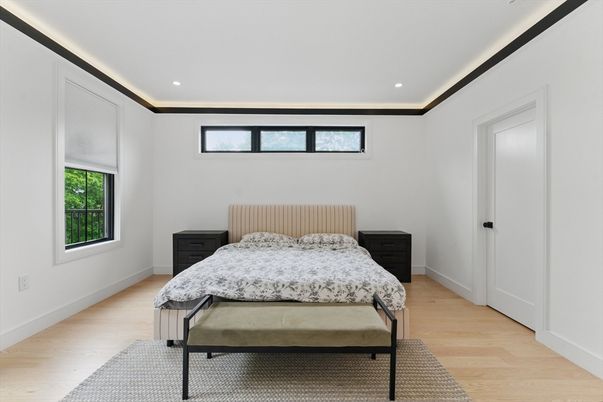 Bedroom, Interior, Recessed Lighting, Wood Texture Flooring