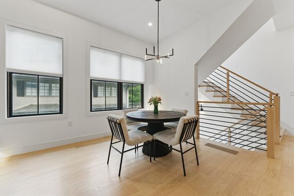 Dining room, Interior, Pendant Lights, Recessed Lighting, Wood Texture Flooring