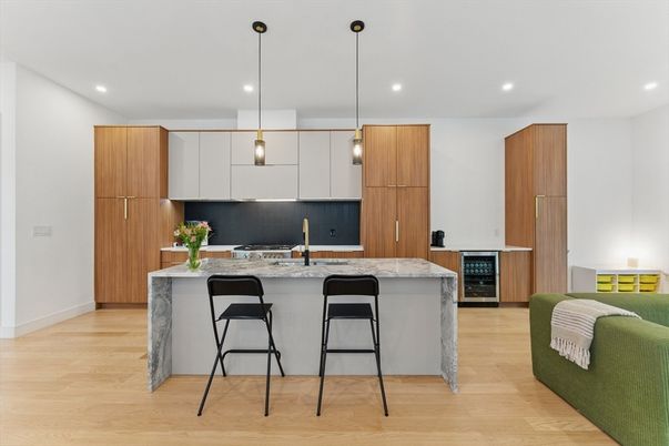 Interior, Kitchen, Pendant Lights, Recessed Lighting, Wood Texture Flooring